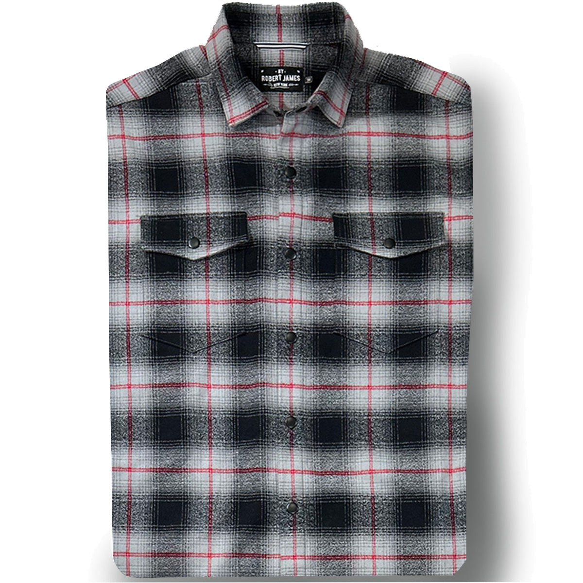 Axe // Grey Shadow Plaid Red Pin Flannel - Black Snap - Small Batch
