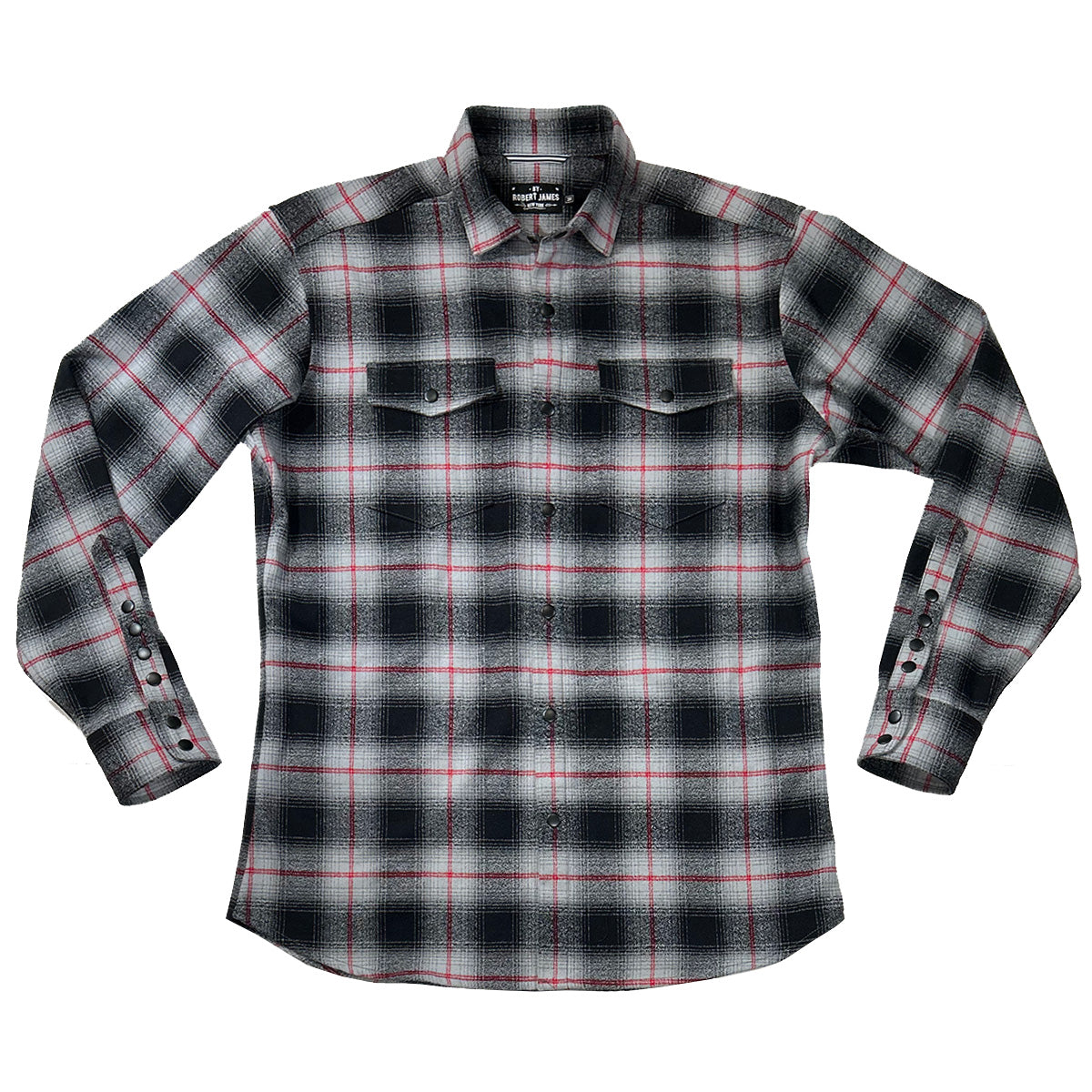 Axe // Grey Shadow Plaid Red Pin Flannel - Black Snap - Small Batch