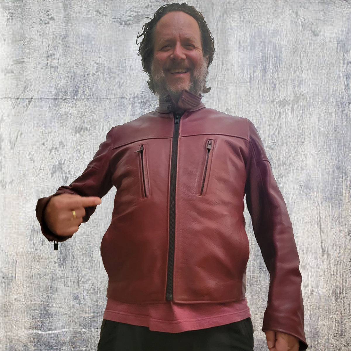 OXBLOOD ROYCE VEG DYE LEATHER TALL COLLAR CAFE RACER JACKET - JASON SCHNECK