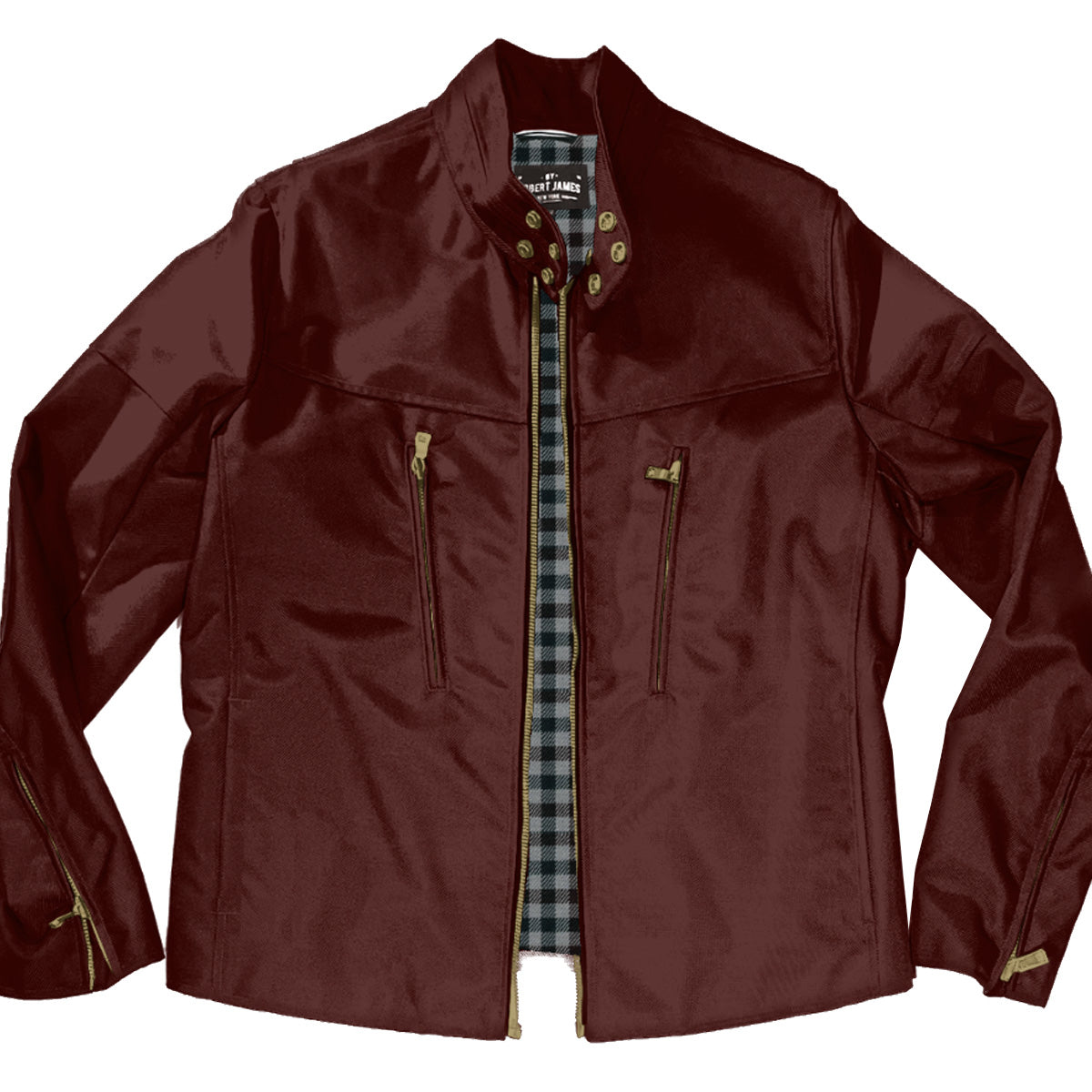 OXBLOOD ROYCE VEG DYE LEATHER TALL COLLAR CAFE RACER JACKET - JASON SCHNECK