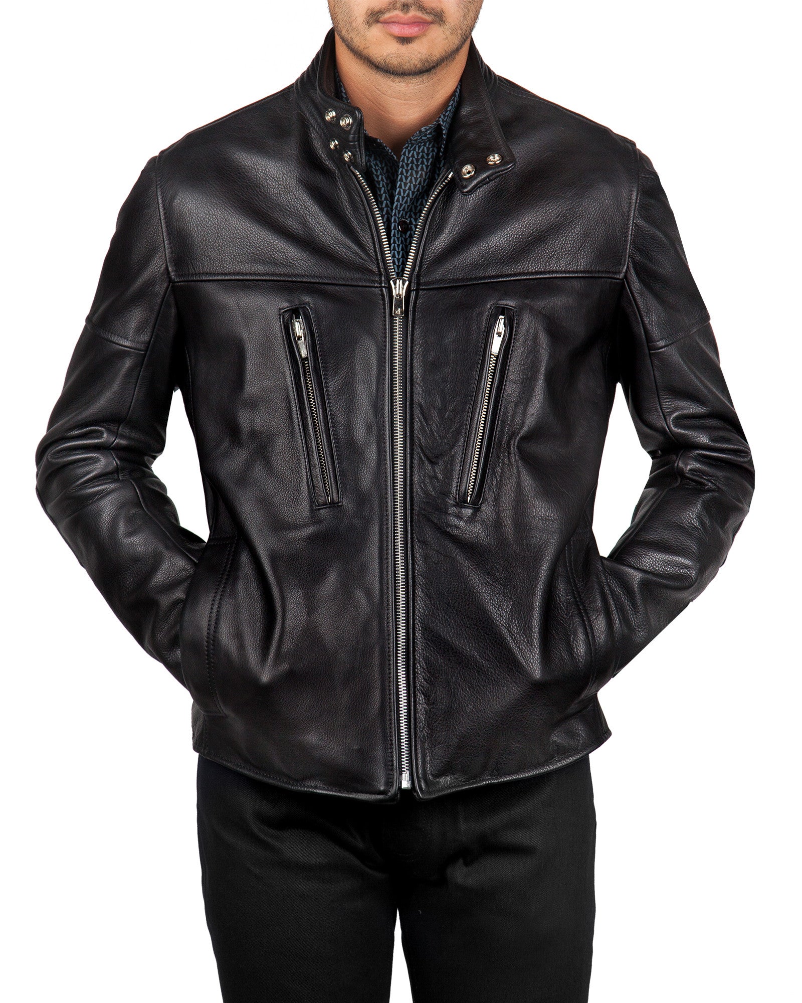 OXBLOOD ROYCE VEG DYE LEATHER TALL COLLAR CAFE RACER JACKET - JASON SCHNECK