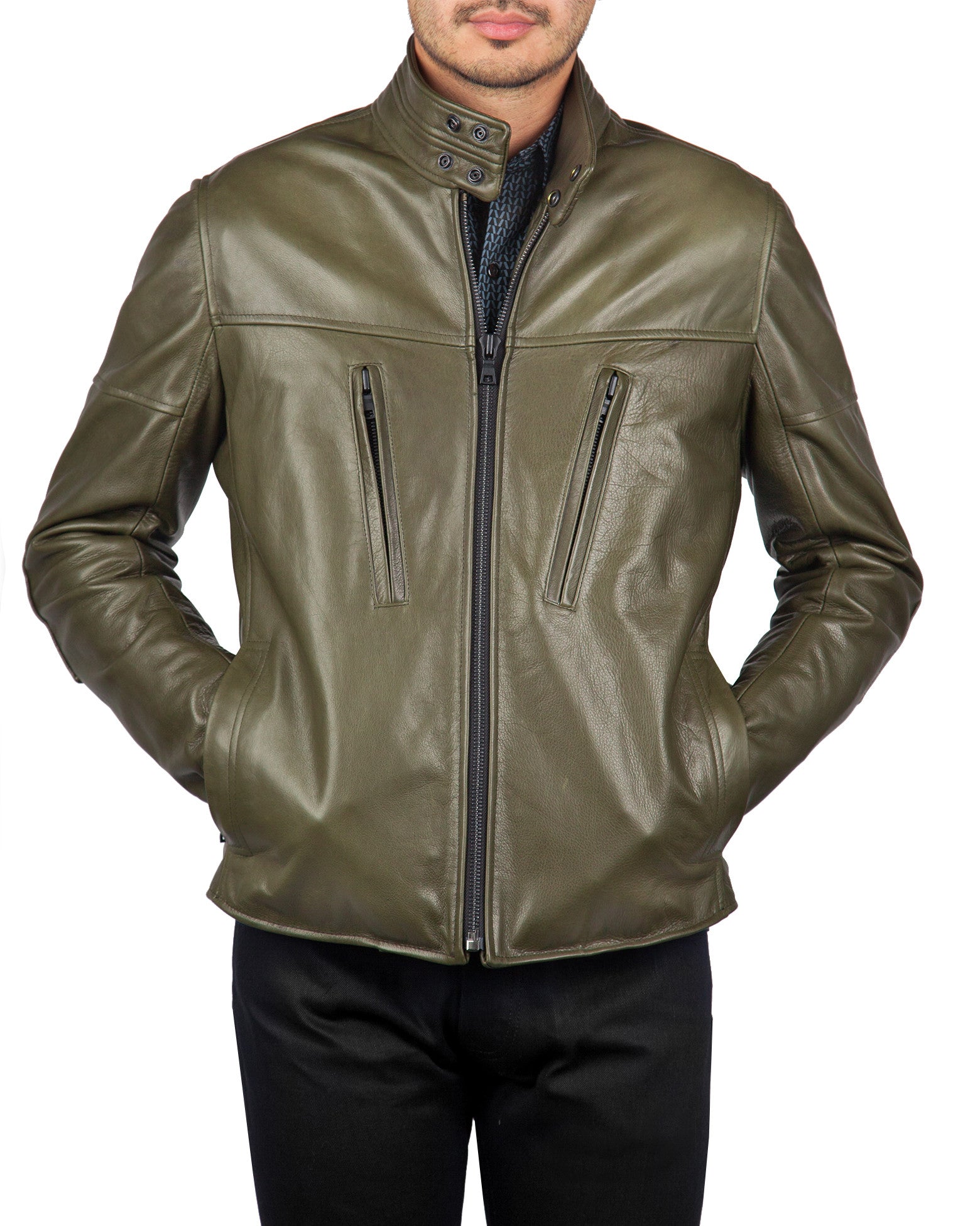 OXBLOOD ROYCE VEG DYE LEATHER TALL COLLAR CAFE RACER JACKET - JASON SCHNECK